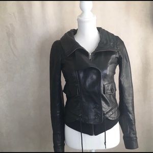 Theory Borie Black Leather Bomber Jacket XS